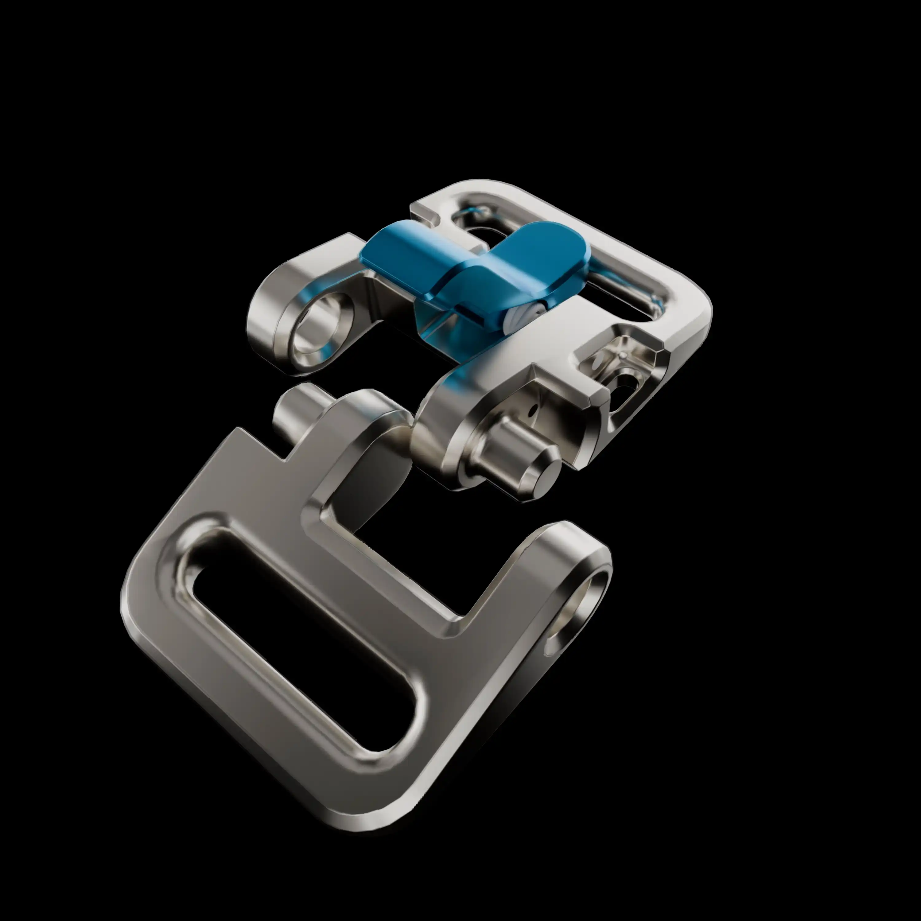 Close-up 3D render of the teal Orca Buckle hardware against a dark background. Text reads "DESIGN SPEC 01 // THE ORCA" and "REIMAGINE THE BUCKLE." The image showcases the precision-machined aerospace aluminum and stainless steel components of the Zumi modular system.